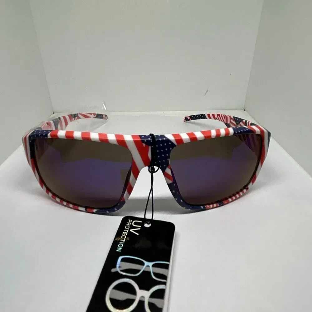 Men’s Patriotic American Flag Sunglasses Blue Mirrored Lens UV Protection